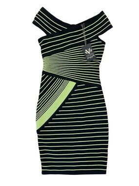 Valiant Paris Black & Lime Striped Off-Shoulder Bodycon Dress